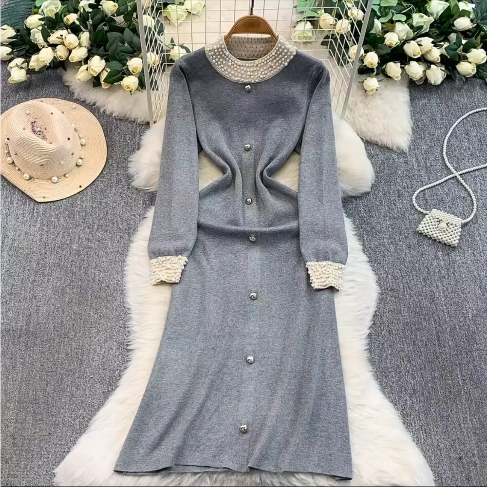 New Stylish Women's Knit Dress with Pearl Accents